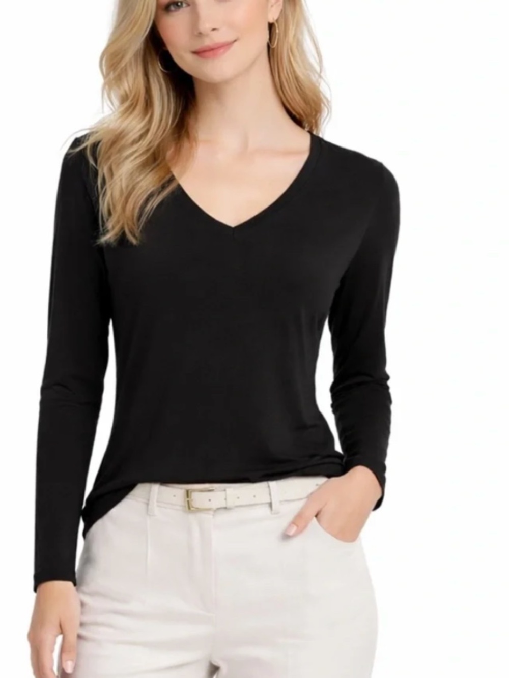White House Black Market FORME Long Sleeve V-Neck Tee – Black – Size XL
